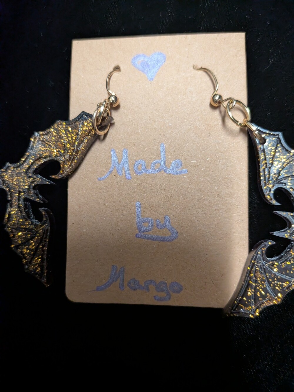Handcast Resin Bat Earrings Black & Gold Glitter Gothic Halloween Statement - Picture 3 of 8